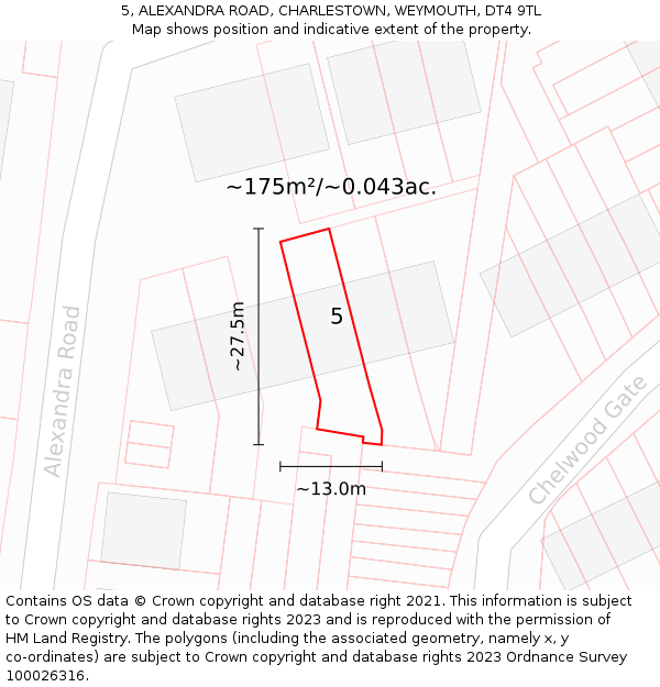 5, ALEXANDRA ROAD, CHARLESTOWN, WEYMOUTH, DT4 9TL: Plot and title map