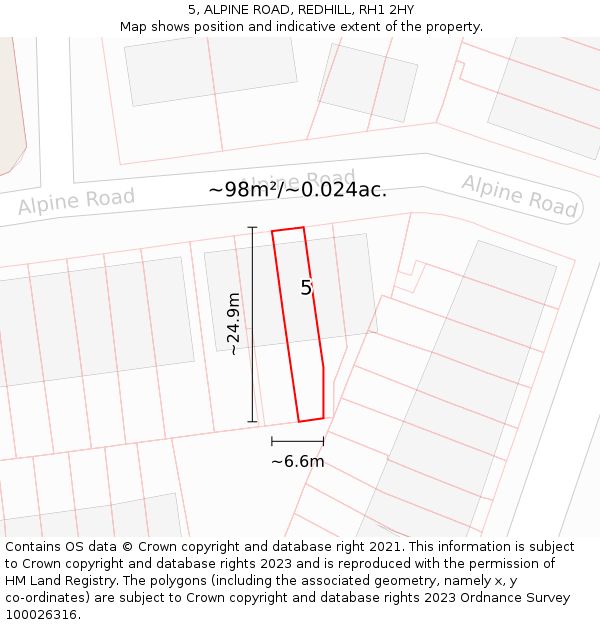 5, ALPINE ROAD, REDHILL, RH1 2HY: Plot and title map