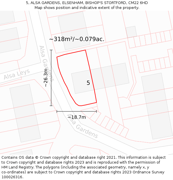 5, ALSA GARDENS, ELSENHAM, BISHOP'S STORTFORD, CM22 6HD: Plot and title map