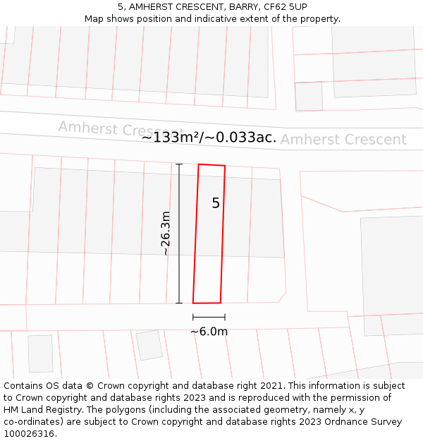5, AMHERST CRESCENT, BARRY, CF62 5UP: Plot and title map
