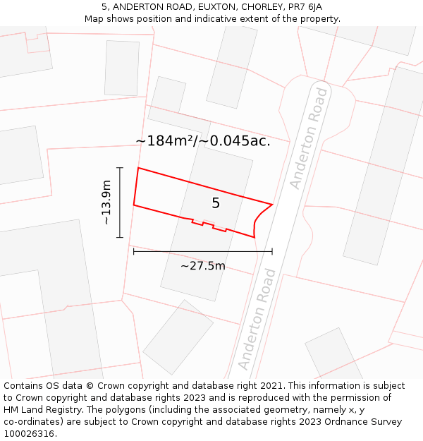5, ANDERTON ROAD, EUXTON, CHORLEY, PR7 6JA: Plot and title map