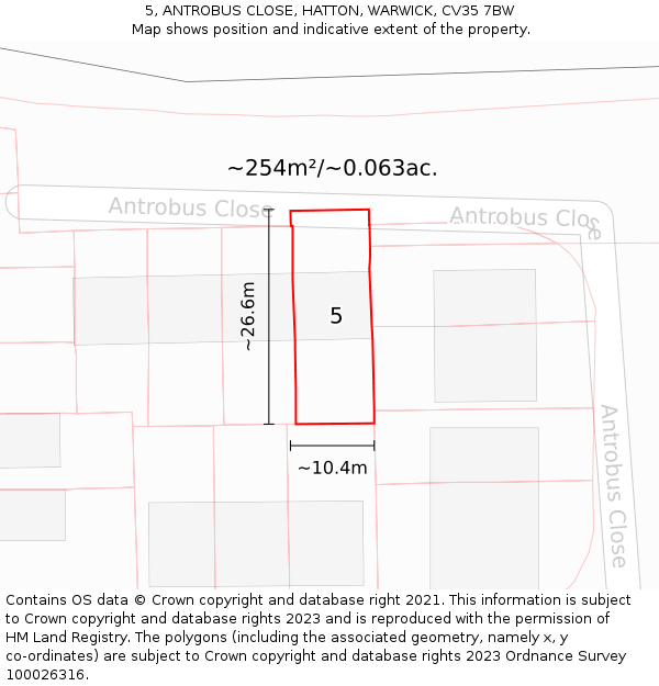 5, ANTROBUS CLOSE, HATTON, WARWICK, CV35 7BW: Plot and title map