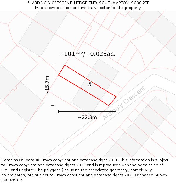 5, ARDINGLY CRESCENT, HEDGE END, SOUTHAMPTON, SO30 2TE: Plot and title map