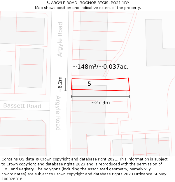 5, ARGYLE ROAD, BOGNOR REGIS, PO21 1DY: Plot and title map