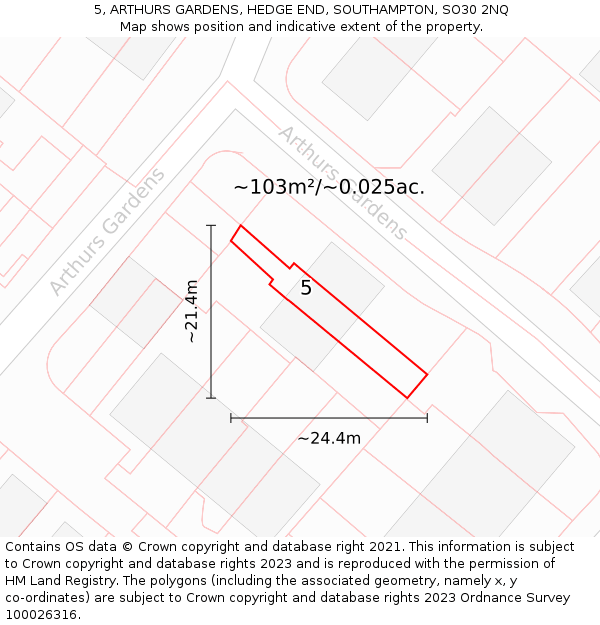 5, ARTHURS GARDENS, HEDGE END, SOUTHAMPTON, SO30 2NQ: Plot and title map