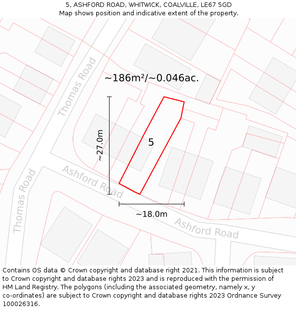 5, ASHFORD ROAD, WHITWICK, COALVILLE, LE67 5GD: Plot and title map