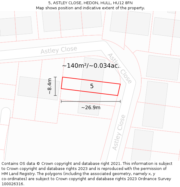 5, ASTLEY CLOSE, HEDON, HULL, HU12 8FN: Plot and title map