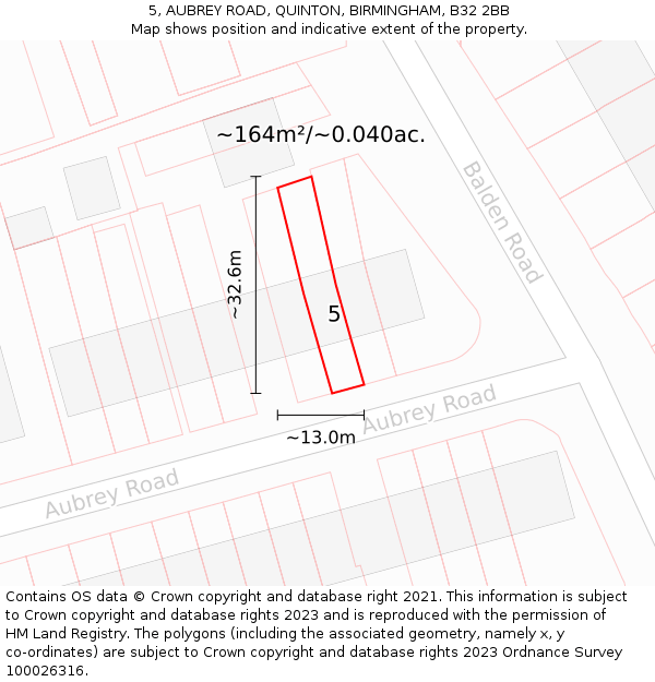5, AUBREY ROAD, QUINTON, BIRMINGHAM, B32 2BB: Plot and title map