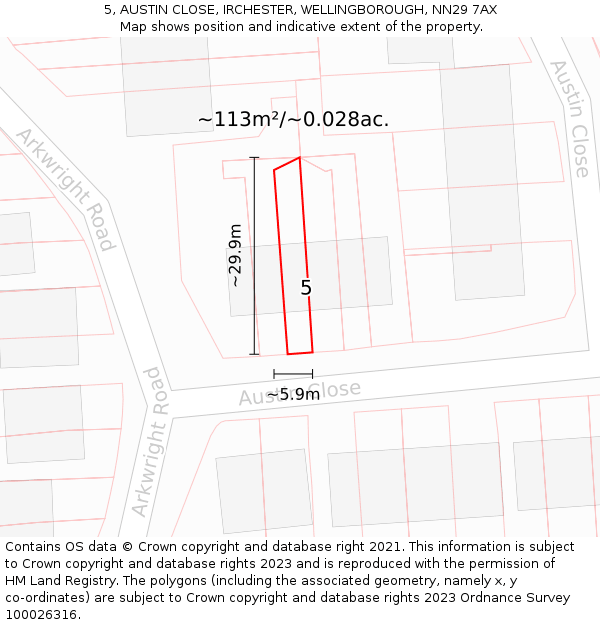 5, AUSTIN CLOSE, IRCHESTER, WELLINGBOROUGH, NN29 7AX: Plot and title map