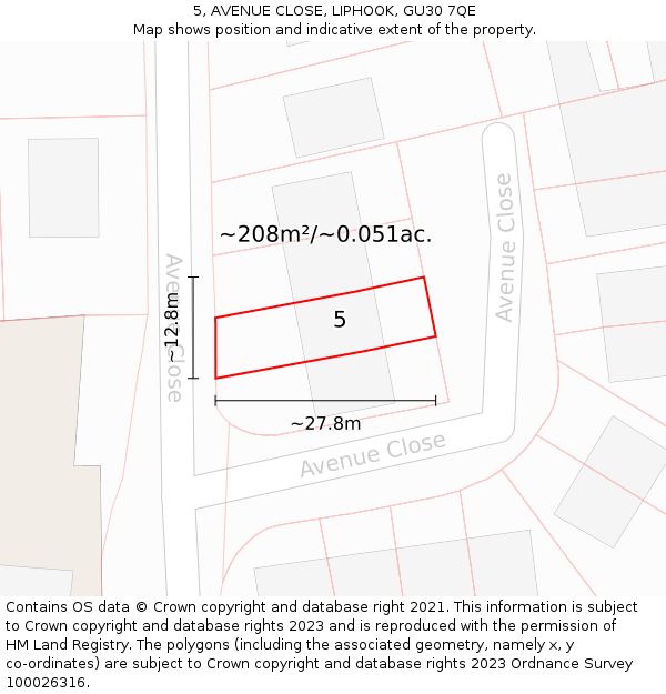 5, AVENUE CLOSE, LIPHOOK, GU30 7QE: Plot and title map