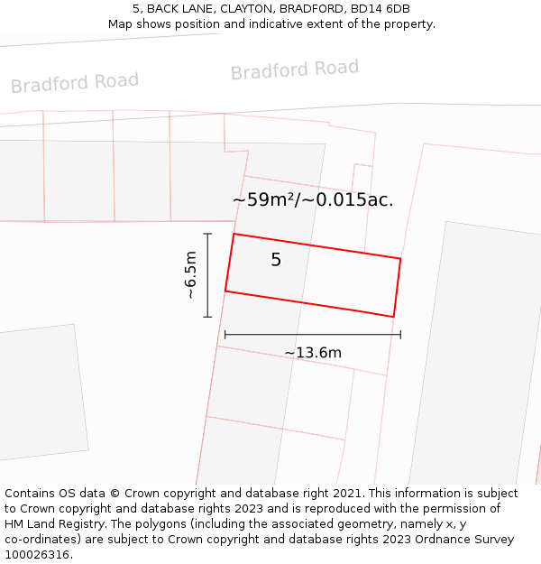 5, BACK LANE, CLAYTON, BRADFORD, BD14 6DB: Plot and title map