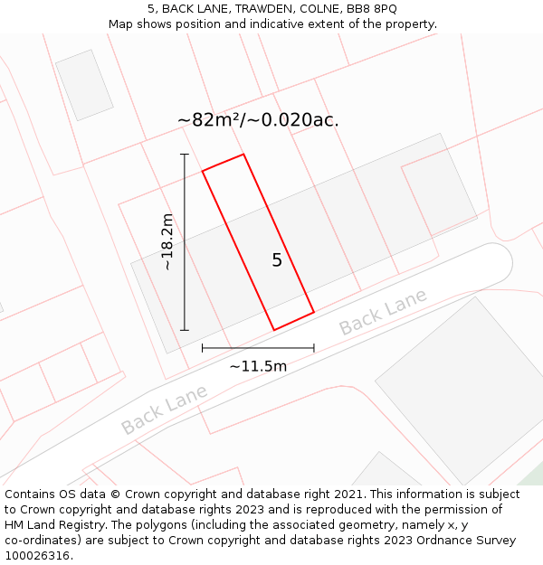 5, BACK LANE, TRAWDEN, COLNE, BB8 8PQ: Plot and title map