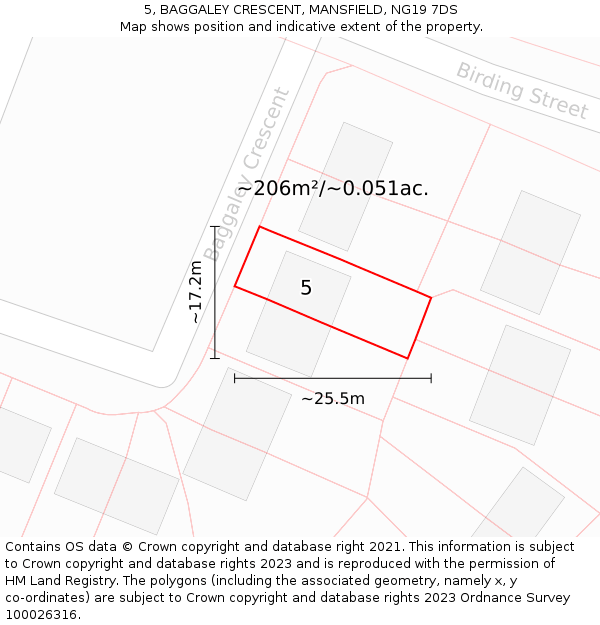 5, BAGGALEY CRESCENT, MANSFIELD, NG19 7DS: Plot and title map