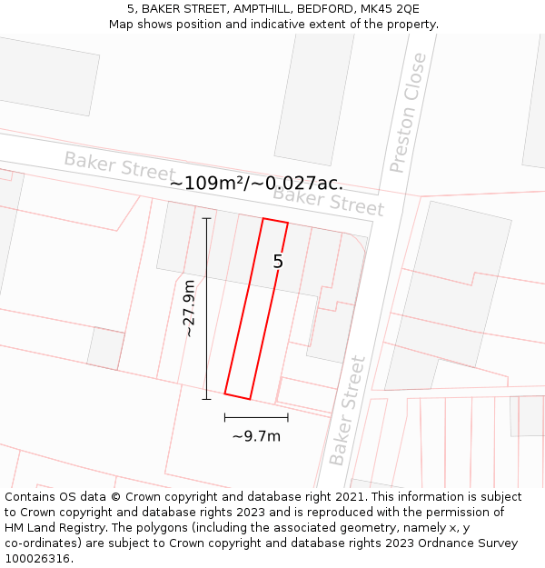 5, BAKER STREET, AMPTHILL, BEDFORD, MK45 2QE: Plot and title map