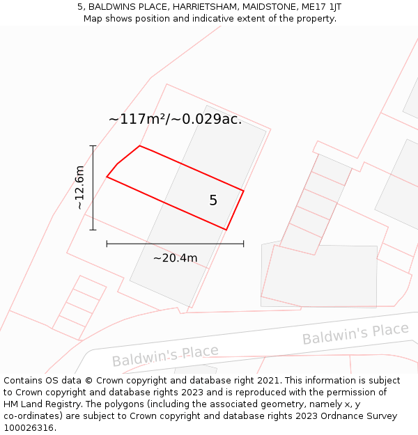 5, BALDWINS PLACE, HARRIETSHAM, MAIDSTONE, ME17 1JT: Plot and title map
