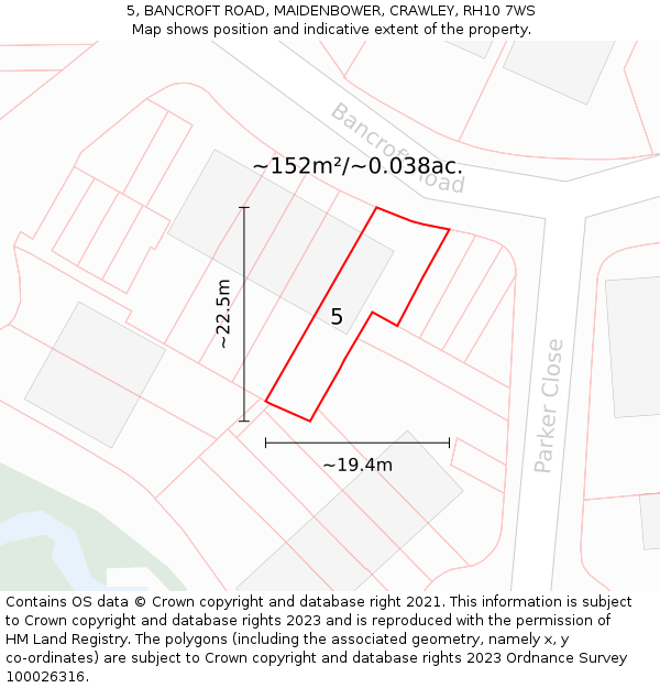 5, BANCROFT ROAD, MAIDENBOWER, CRAWLEY, RH10 7WS: Plot and title map