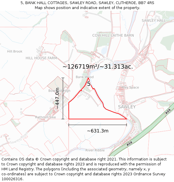 5, BANK HALL COTTAGES, SAWLEY ROAD, SAWLEY, CLITHEROE, BB7 4RS: Plot and title map