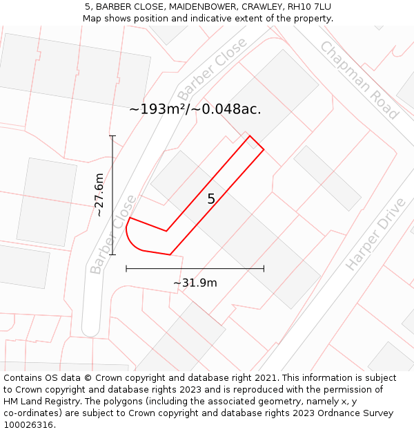 5, BARBER CLOSE, MAIDENBOWER, CRAWLEY, RH10 7LU: Plot and title map