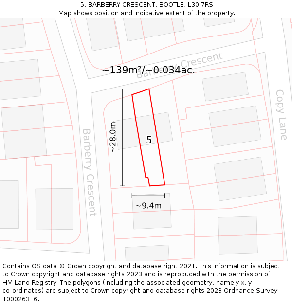 5, BARBERRY CRESCENT, BOOTLE, L30 7RS: Plot and title map
