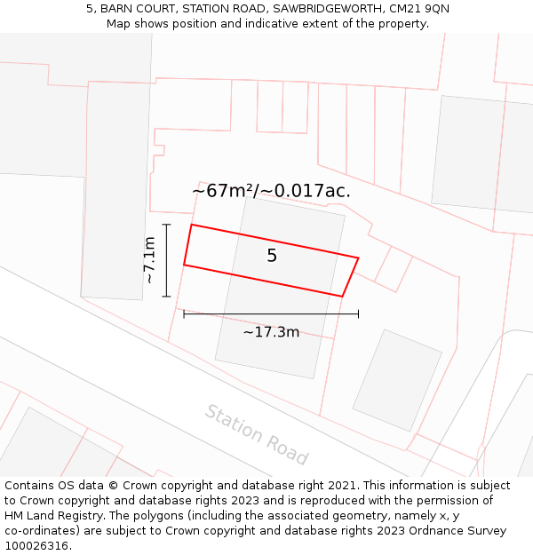 5, BARN COURT, STATION ROAD, SAWBRIDGEWORTH, CM21 9QN: Plot and title map