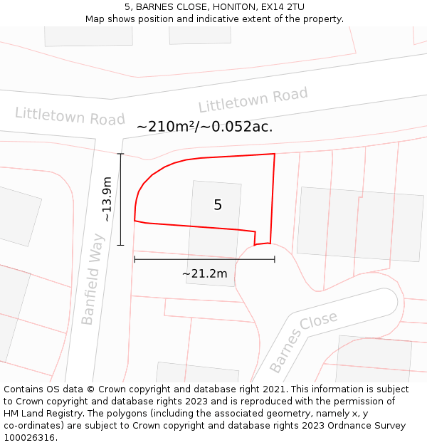 5, BARNES CLOSE, HONITON, EX14 2TU: Plot and title map