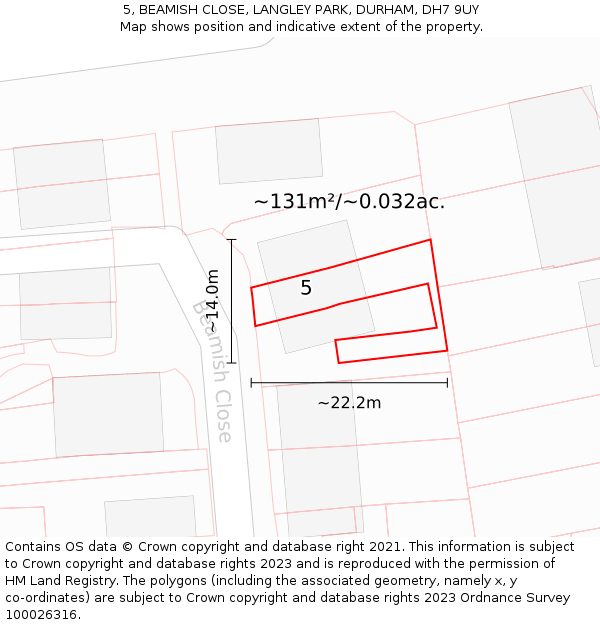 5, BEAMISH CLOSE, LANGLEY PARK, DURHAM, DH7 9UY: Plot and title map