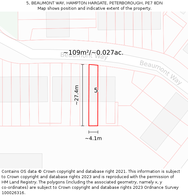 5, BEAUMONT WAY, HAMPTON HARGATE, PETERBOROUGH, PE7 8DN: Plot and title map