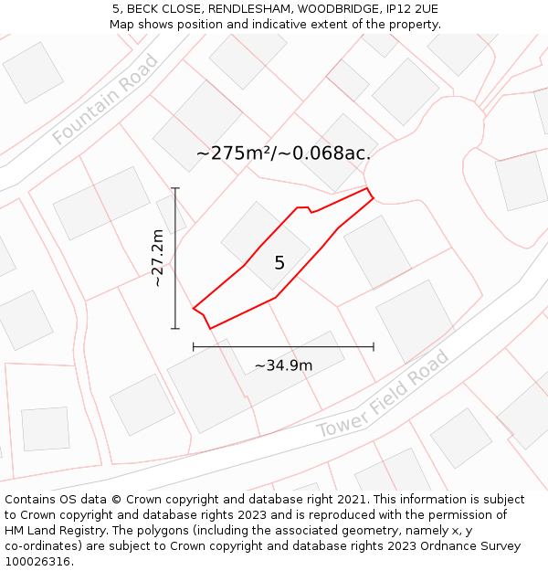 5, BECK CLOSE, RENDLESHAM, WOODBRIDGE, IP12 2UE: Plot and title map