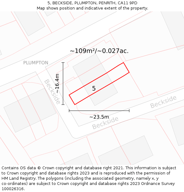 5, BECKSIDE, PLUMPTON, PENRITH, CA11 9PD: Plot and title map