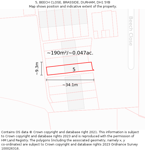 5, BEECH CLOSE, BRASSIDE, DURHAM, DH1 5YB: Plot and title map