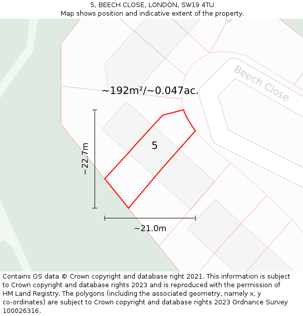 5, BEECH CLOSE, LONDON, SW19 4TU: Plot and title map