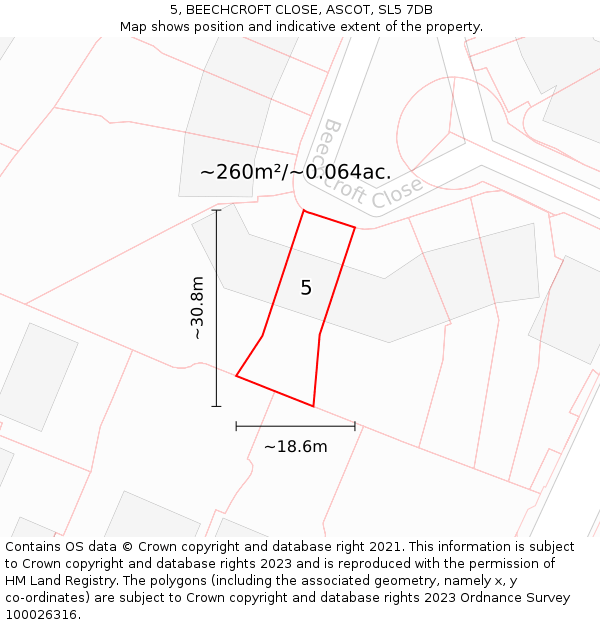 5, BEECHCROFT CLOSE, ASCOT, SL5 7DB: Plot and title map