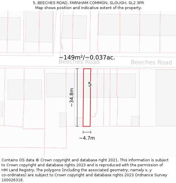 5, BEECHES ROAD, FARNHAM COMMON, SLOUGH, SL2 3PR: Plot and title map