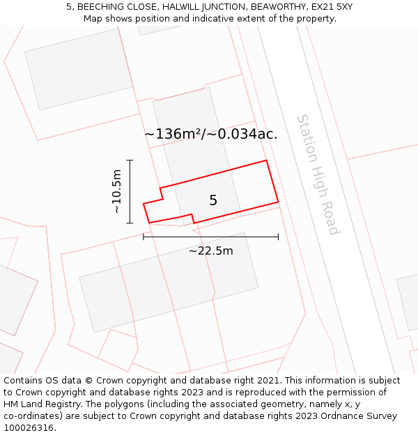 5, BEECHING CLOSE, HALWILL JUNCTION, BEAWORTHY, EX21 5XY: Plot and title map
