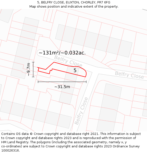 5, BELFRY CLOSE, EUXTON, CHORLEY, PR7 6FG: Plot and title map