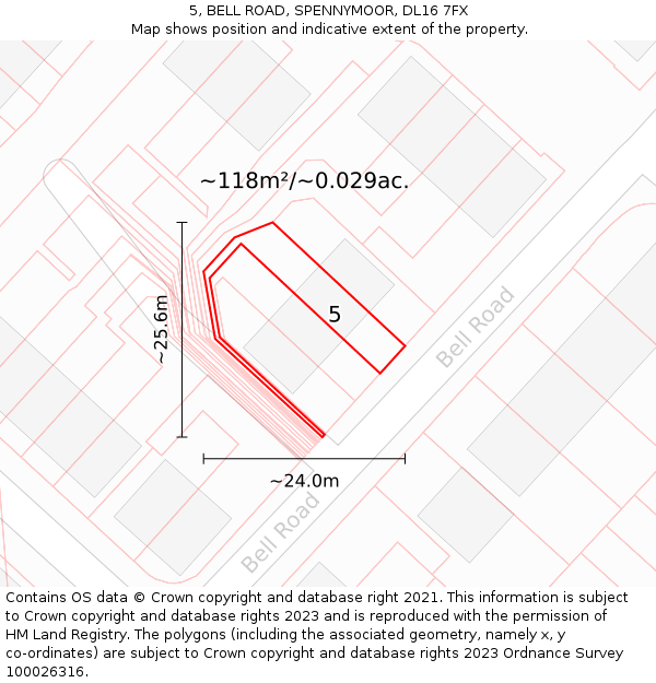 5, BELL ROAD, SPENNYMOOR, DL16 7FX: Plot and title map