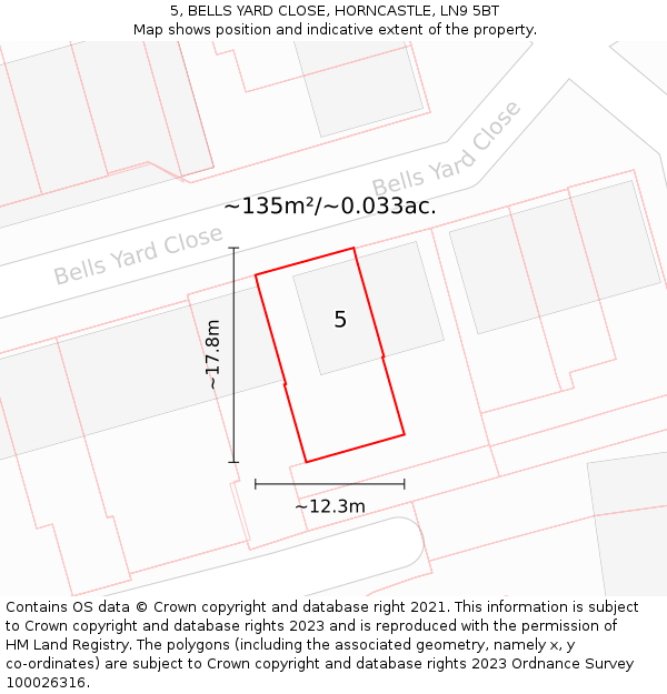 5, BELLS YARD CLOSE, HORNCASTLE, LN9 5BT: Plot and title map