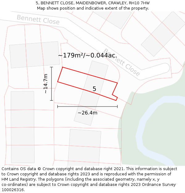 5, BENNETT CLOSE, MAIDENBOWER, CRAWLEY, RH10 7HW: Plot and title map