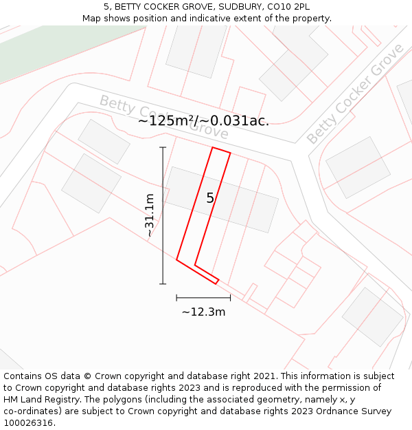 5, BETTY COCKER GROVE, SUDBURY, CO10 2PL: Plot and title map