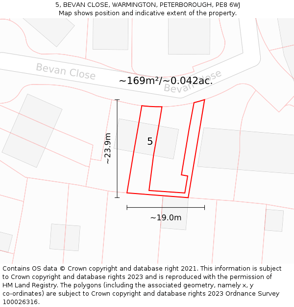 5, BEVAN CLOSE, WARMINGTON, PETERBOROUGH, PE8 6WJ: Plot and title map