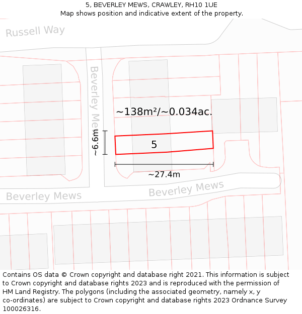 5, BEVERLEY MEWS, CRAWLEY, RH10 1UE: Plot and title map