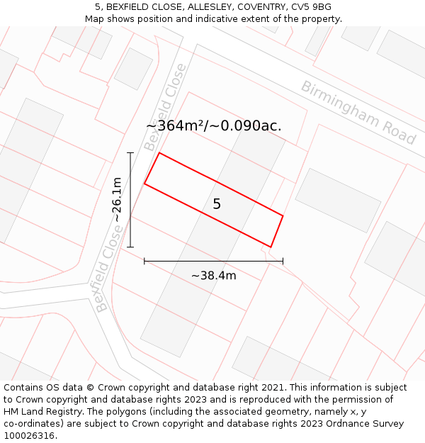 5, BEXFIELD CLOSE, ALLESLEY, COVENTRY, CV5 9BG: Plot and title map
