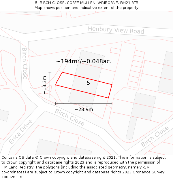 5, BIRCH CLOSE, CORFE MULLEN, WIMBORNE, BH21 3TB: Plot and title map