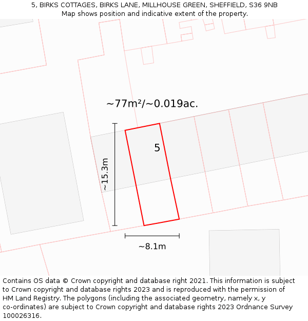 5, BIRKS COTTAGES, BIRKS LANE, MILLHOUSE GREEN, SHEFFIELD, S36 9NB: Plot and title map