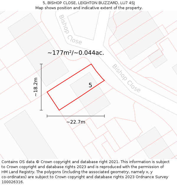 5, BISHOP CLOSE, LEIGHTON BUZZARD, LU7 4SJ: Plot and title map