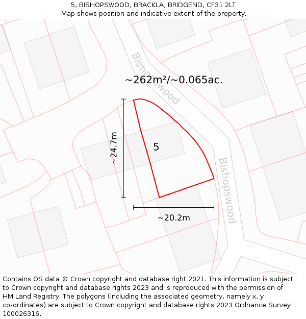 5, BISHOPSWOOD, BRACKLA, BRIDGEND, CF31 2LT: Plot and title map