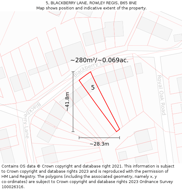 5, BLACKBERRY LANE, ROWLEY REGIS, B65 8NE: Plot and title map