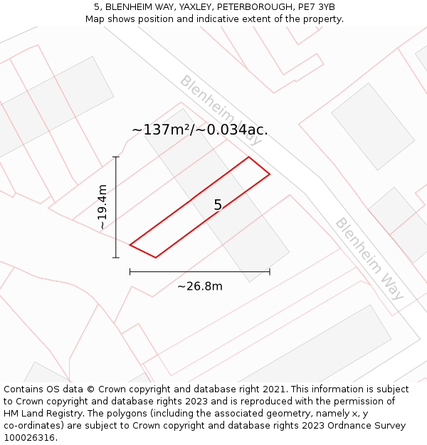5, BLENHEIM WAY, YAXLEY, PETERBOROUGH, PE7 3YB: Plot and title map