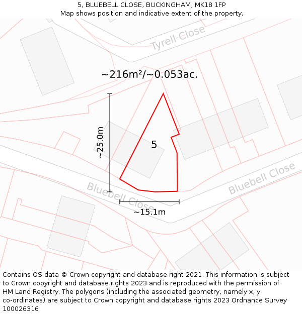 5, BLUEBELL CLOSE, BUCKINGHAM, MK18 1FP: Plot and title map