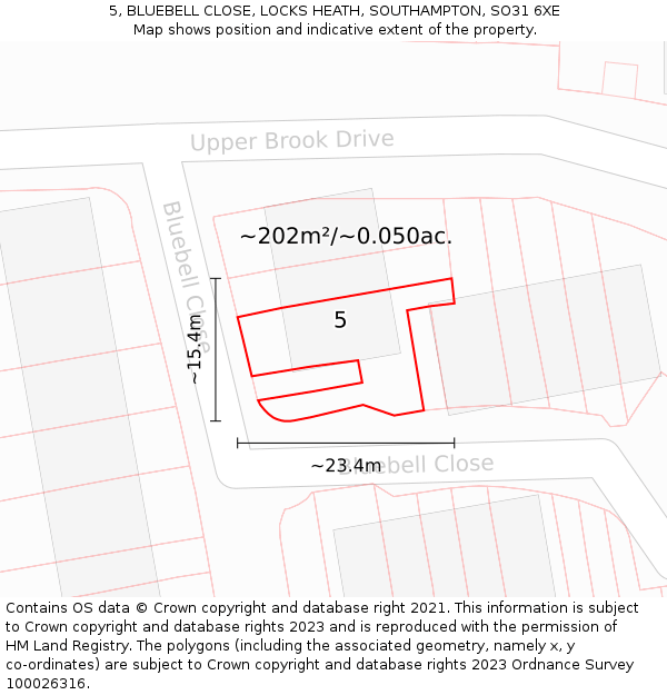 5, BLUEBELL CLOSE, LOCKS HEATH, SOUTHAMPTON, SO31 6XE: Plot and title map